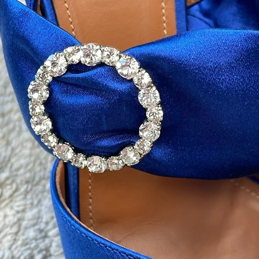 Malone Souliers Maite Crystal Buckle Satin Point Toe Pumps Blue Sz 39.5